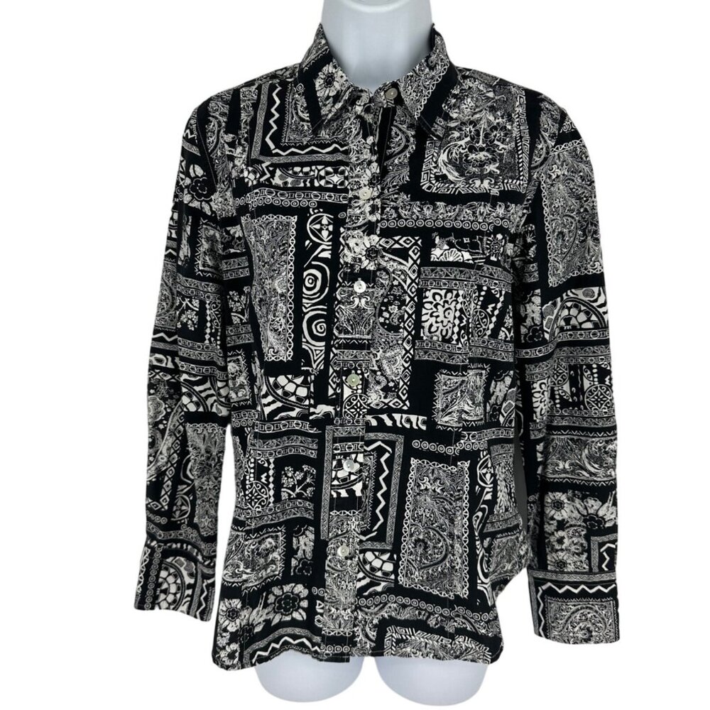 CHICOS Floral Persian Geo 100% Cotton Career Button Up Shirt Size 0 US S